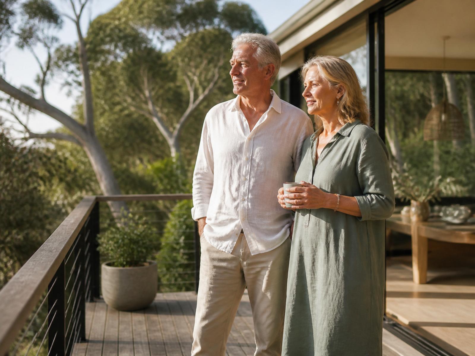Older Australian couple on the deck of their modern coastal home